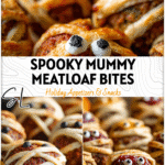 Mini mummy-shaped meatloaf bites wrapped in pastry for a spooky Halloween dinner idea. 26